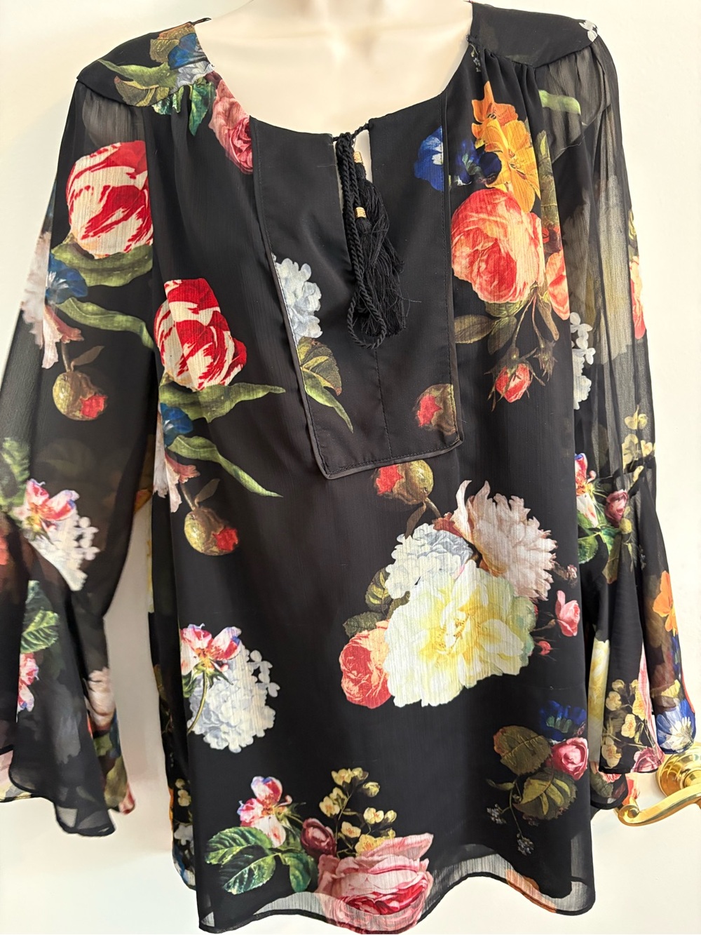 Gibson Latimer Black Sheer Floral Tie-Neck Blouse